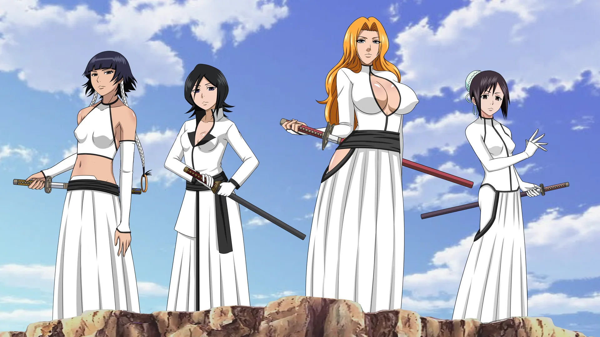 Bleach Arrancar-style group shot under a bright sky